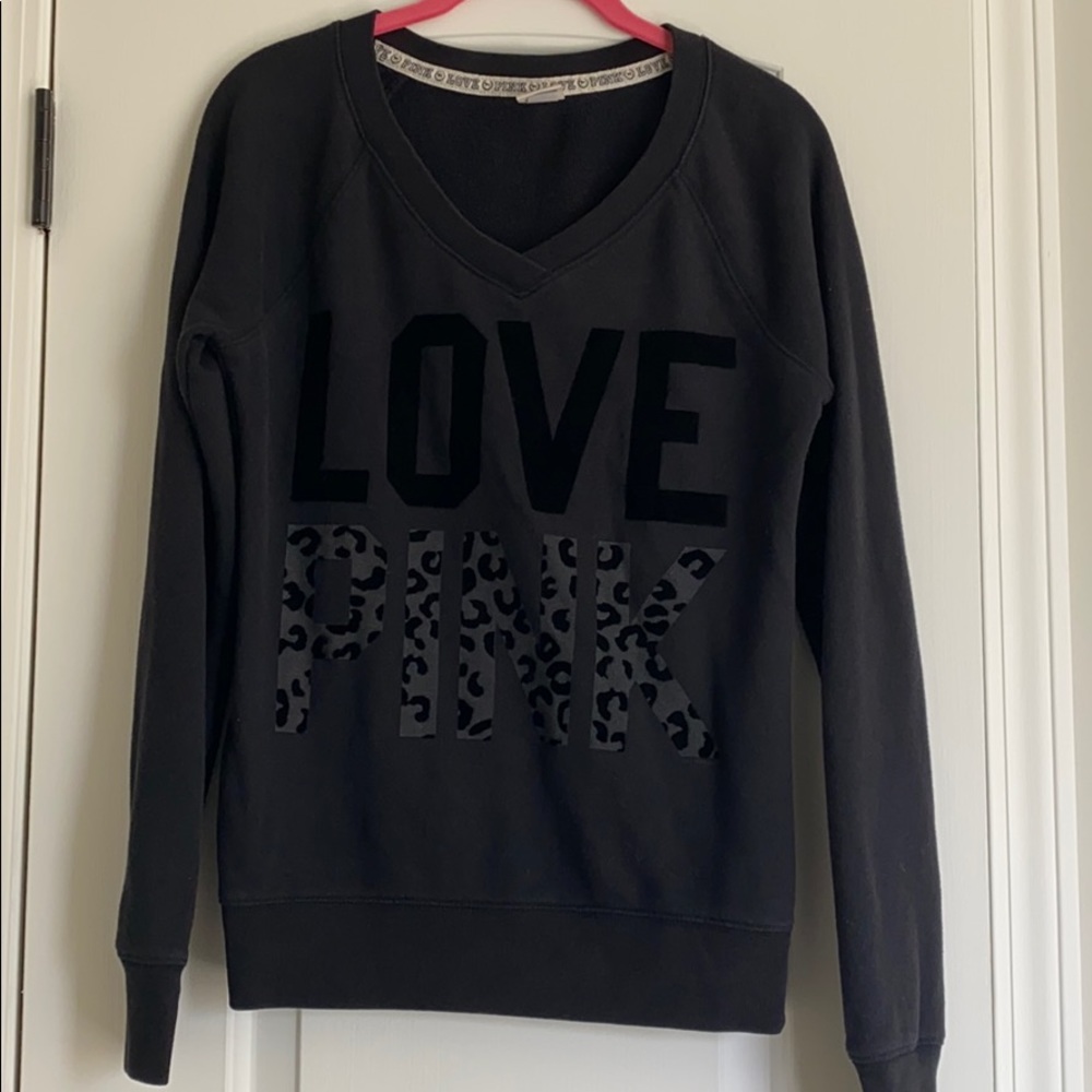 Victoria’s Secret PINK Black V Neck Sweatshirt Velvet Cheetah XS